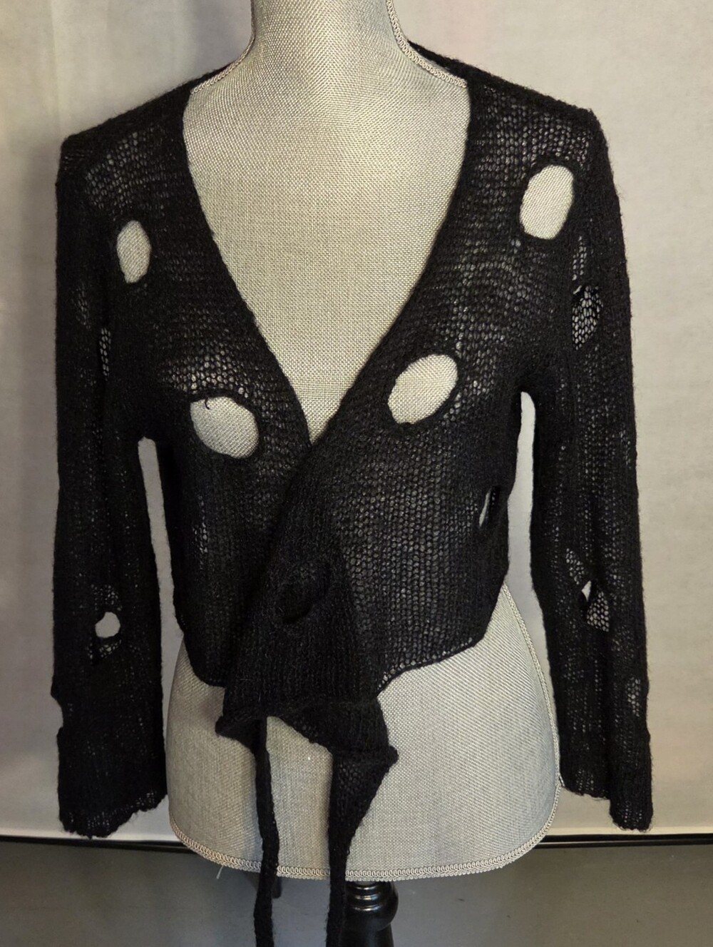 CUBIX Womens Mohair Blend Cutout Hole Crop Wrap Sweater Cardigan Black Size M